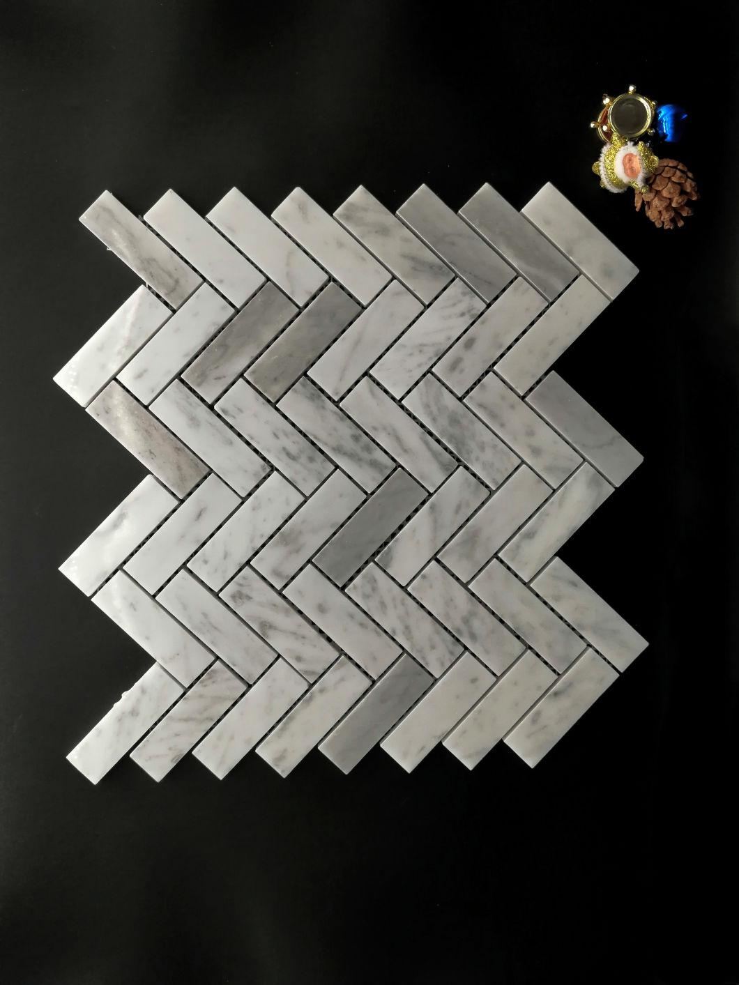 Carrara White Stone Mosaic, Herringbone, Dumb Face, Polished Surface, Used in The Kitchen, Sofa, TV Setting