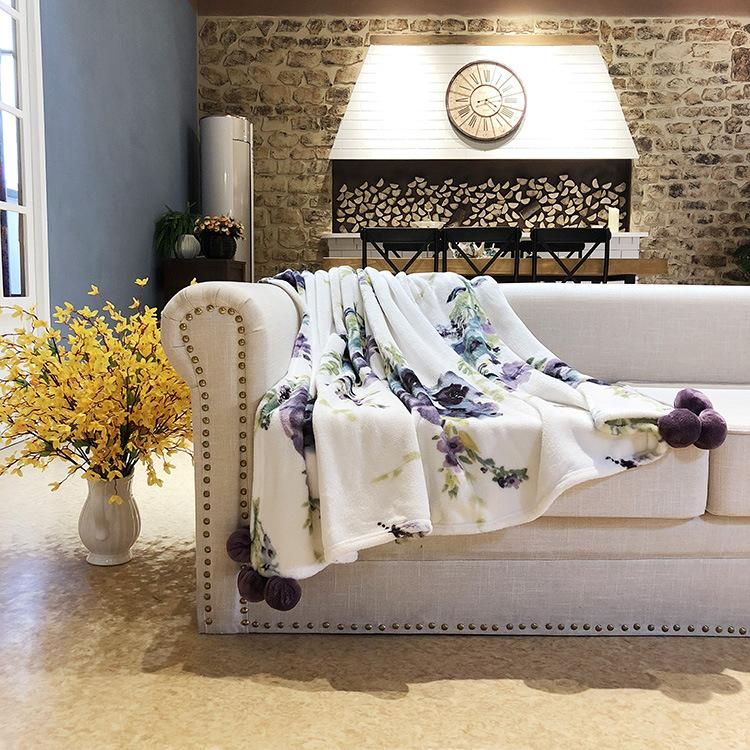 100% Polyester Printed Flannel Fleece Bedding Sofa POM POM Blanket