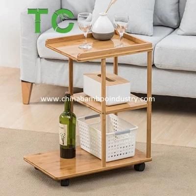 Bamboo Mobile Sofa Side Table C Shaped End Table with Storage Shelves, Snack Coffee Table