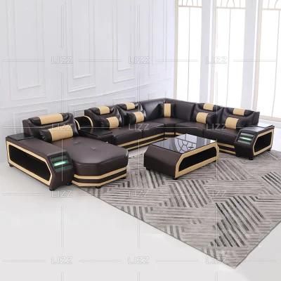 New Design European LED Leather Sofa with Side Storage Cabinets