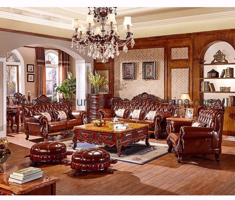 (MN-CSF15) Living Room Genuine Leather Sofa with Carved Design on Wood