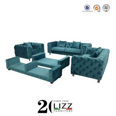 Luxury Chesterfield Home Living Room Furniture Fabric Sofa Set with Metal Leg