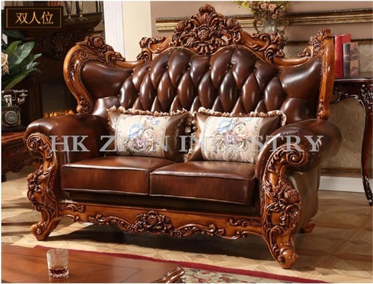 High End European Style Antique Sofa Classic Living Room Furniture Sets Chaise Longue Brown Solid Wood Frame Genuine Leather Sectional Sofa
