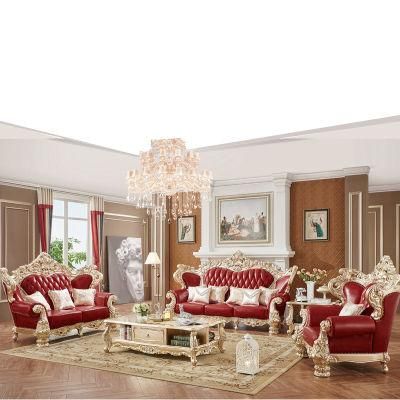 Wood Carved Luxury Leather Sofa Set with Coffee Table in Optional Furniture Color and Couch Seats