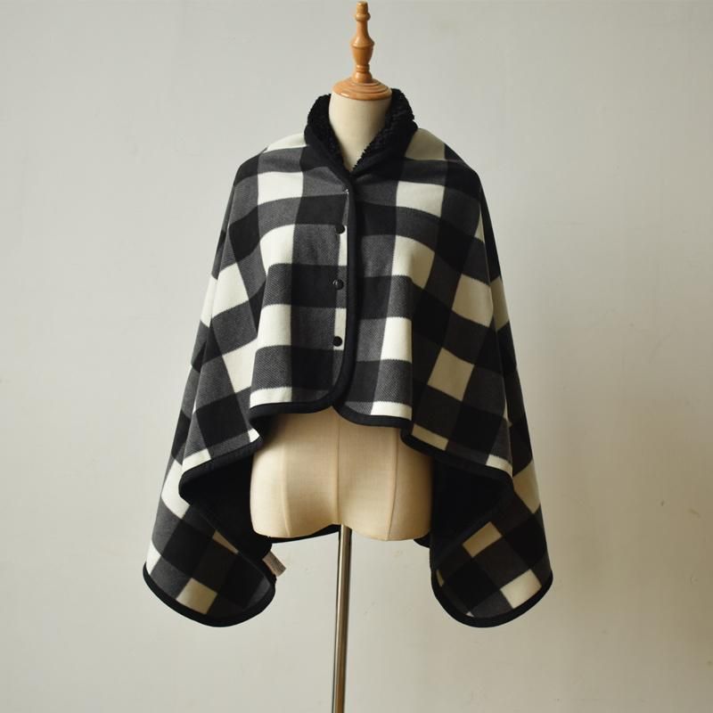 Double Side Plaid Wearable Sofa Blanket Office Shawl Multi-Functional Wrap Shawl with Button