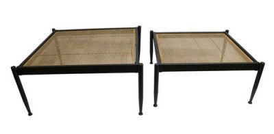 Set of 2 Living Room Coffee Table Big Square Sofa Table Metal Rattan Coffee Teble