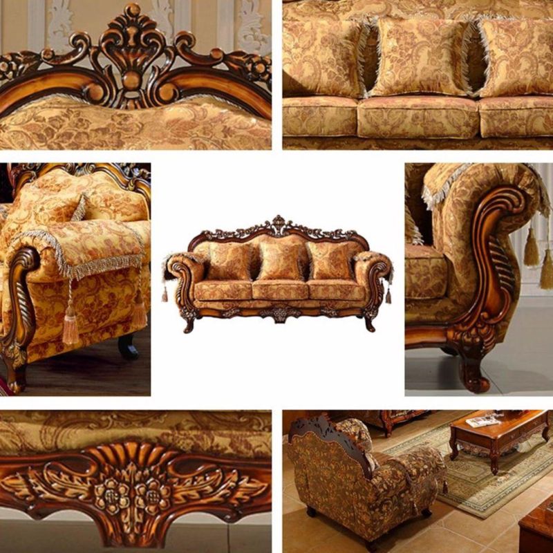 Factory Wholesale Wood Carved Fabric Sofa in Optional Sofas Seats