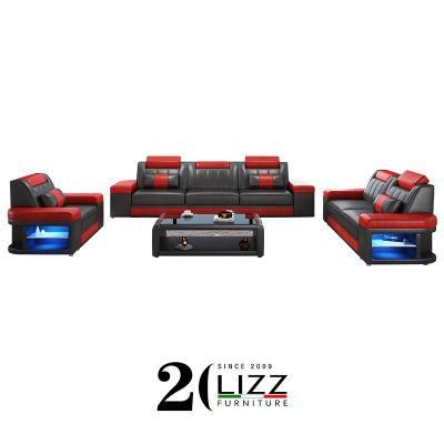 European Style Best Furniture 1+2+3 Leather Sofa Set with LED Light and Coffee Table