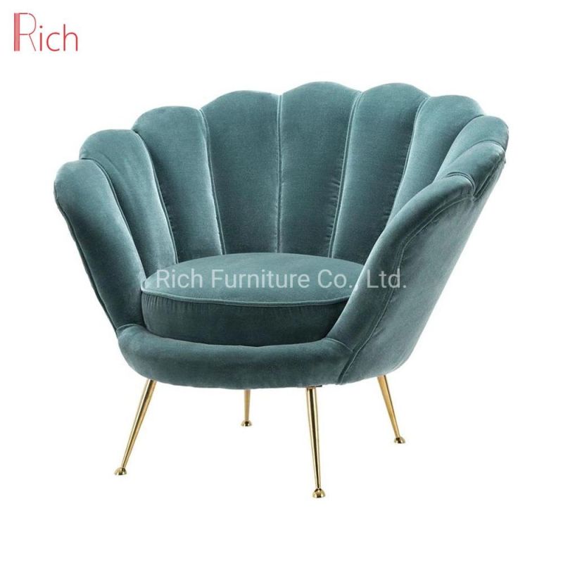Latest Home Furniture Fabric Sofa Chair Velvet Plush Flower Shell Chair with Golden Legs Accent Chair