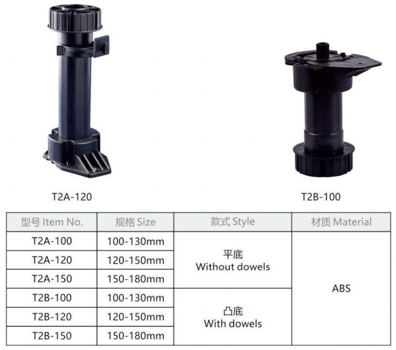T2a100 100-130mm ABS Plastic Kitchen Adjustable Leg with Screw on Base