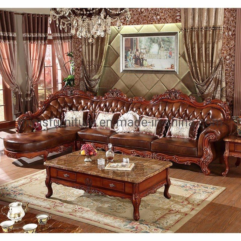 (MN-CSF15) Living Room Genuine Leather Sofa with Carved Design on Wood