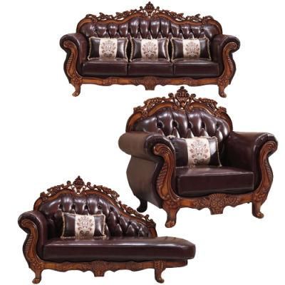 Living Room Furniture Wood Carved Classic Leather Sofa Set in Optional Couch Seat and Furnitures Color