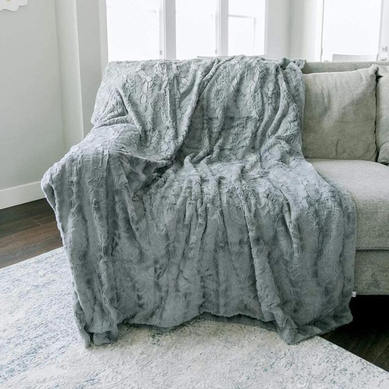 Striped Faux Fur Throw Blanket for Couch 60"X80" Beige Warm Milky Plush Blanket for Sofa Bed Living Room Bedroom