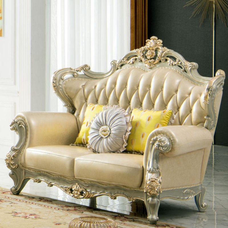 Wood Carved Royal Leather Sofa with Table for Home Furniture
