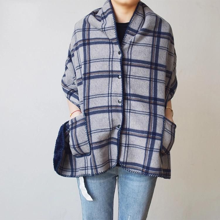 Double Side Plaid Wearable Sofa Blanket Office Shawl Multi-Functional Wrap Shawl with Button and Pocket