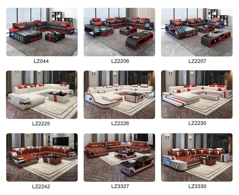 China Manufacturer European Modern Style Furniture Leisure Sectional Genuine Leather LED Sofa Set for Home Living Room Office
