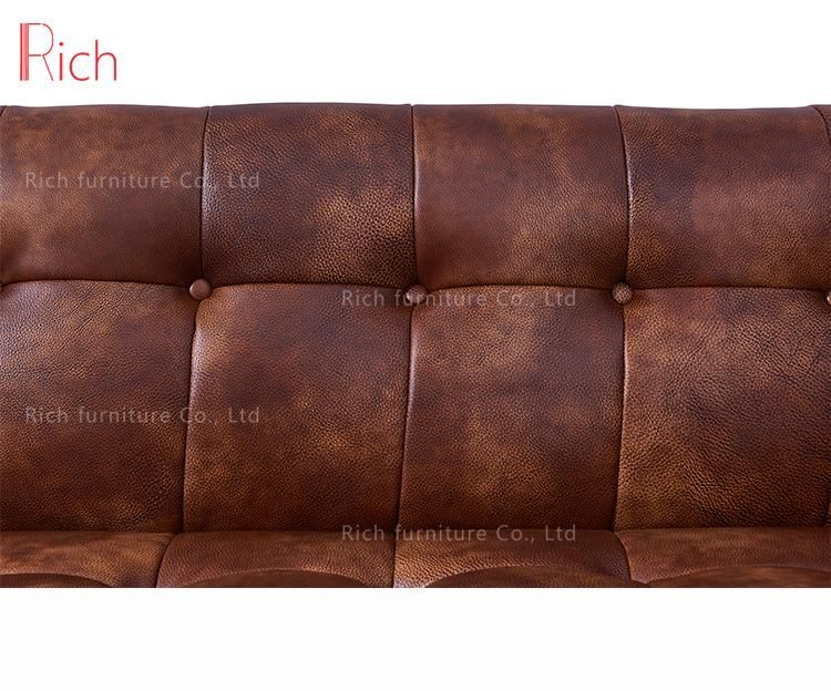Modern European Furniture 3 Seater Sleeping Couch Brown Leather Living Room Wooden Sofa