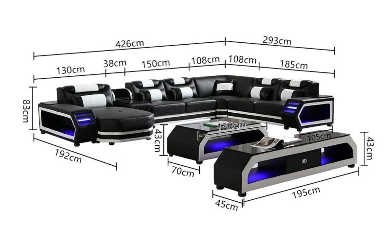 Promotion Event Functional Home Furniture Sectional LED Genuine Leather L Shape Sofa Furniture with Coffee Table