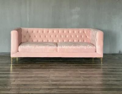 European Pink Velvet Fabric Sofa Loveseat and Three Seats Living Room Furniture Gold Stainless Steel Legs Sofa