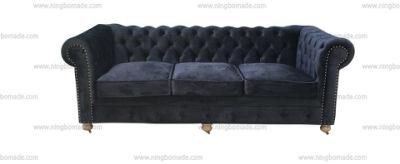 Antique Design Rustic Style Furniture Wax Brown Oak Leg Black/Beige/Grey Fabric Cushions Three Seats Sofa