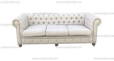 Antique Design Rustic Style Furniture Wax Brown Oak Leg Cream Linen Fabric Cushions Three Seats Sofa