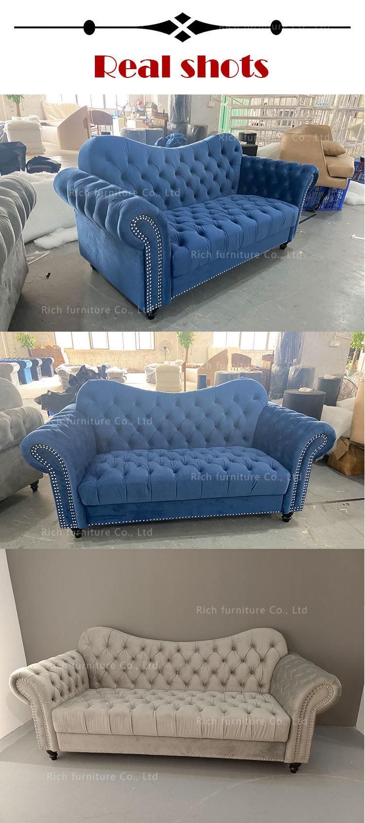 Modern Blue Velvet Chesterfield Sofa for Hotel Button Tufted Nailed Roll Arm Sofa Knock Down Chesterfield Living Room Sofa