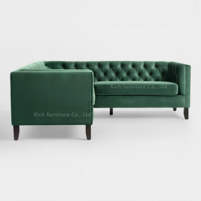 Forest Green Wooden Frame Velvet Corner Sectional Sofa