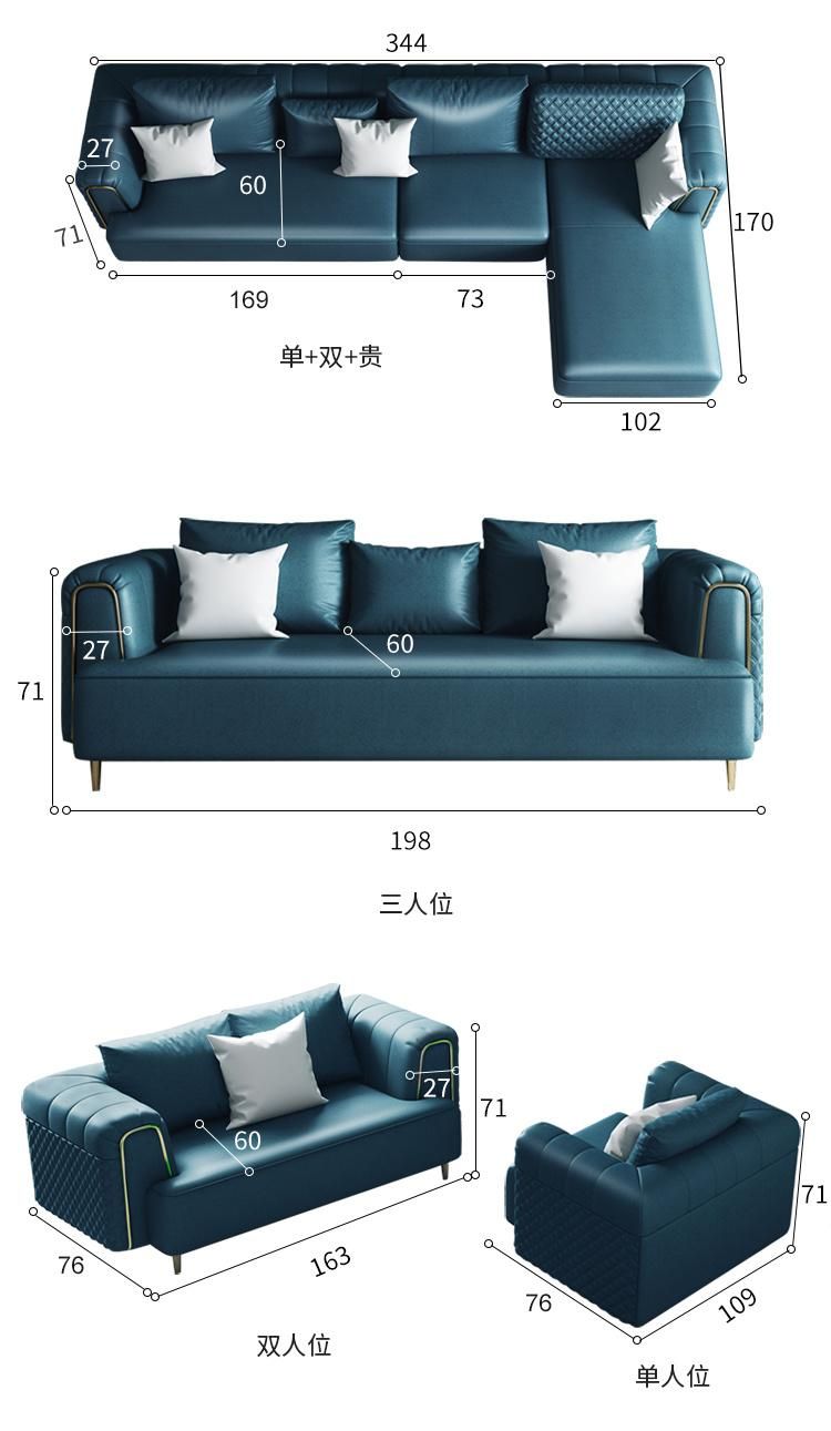 344 Cm Length 4 Seat High Quality Feather Memory Foam Dark Green Fabric Sofa Set with Gold Feet