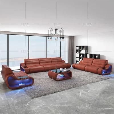 European Modern Home Furniture Sectional 1s+2s+3s Genunine Leather Brown Sofa Set with LED Lights