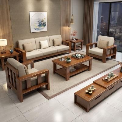 Chinese Style Solid Wood Hotel Living Room Vintage Leather Two Seater Sofa