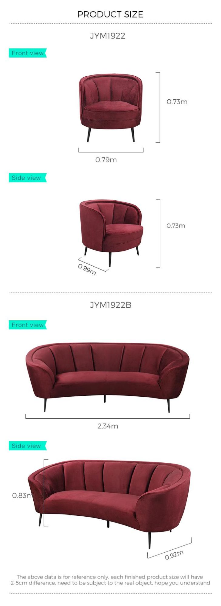 Linsy Black Velvet Sofa Set Furniture Design 2 Seater Living Room Sofa Jym1922b