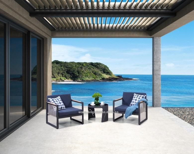 Factory Supply New Popular Garden Aluminum Frame Textilene Rope Leisure Outdoor Patio Sofa with Teak Wood Armrest