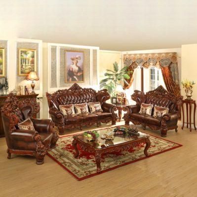 Handmade Wood Carved Antique Leather Sofa Set in Optional Sofas Seat and Furniture Color