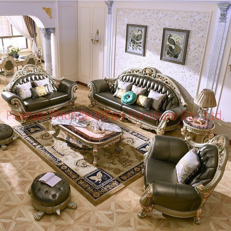Wood Carved Living Room Luxury Sofa in Optional Couch Seat and Furniture Painting Color