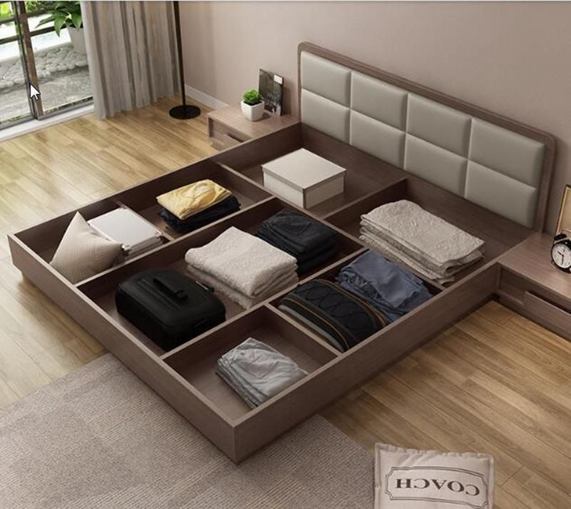 Minimalist Style Wooden Frame Bedroom Home Hotel Furniture Wall Bunk Sofa Double King Bed