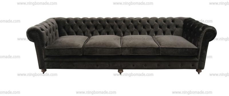 Antique Design Rustic Style Furniture Wax Brown Oak Leg Dark Beige/Grey Velvet Fabric Cushions Four Seats Sofa