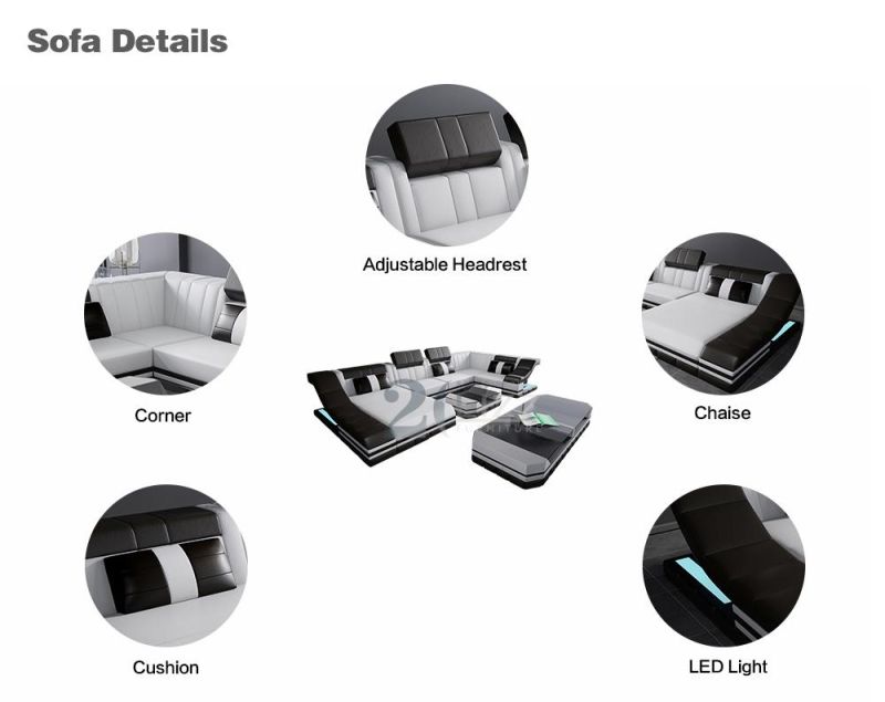2022 Latest Design Living Room Italian Leather Sofa Furniture Set Sectional LED U Shape Couch