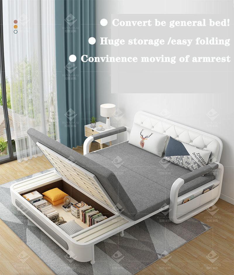 Metal Armrest Living Room 2 Seat Sofa Light Gray Folding Extendable to General Bed Sofa Cum Bed