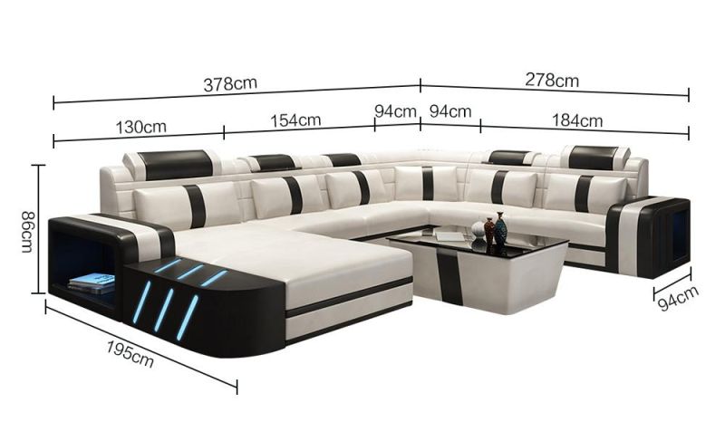 Unique Personality LED Living Room Leather Sofa Leisure Italian U Shape Furniture Set for Home Office Hotel