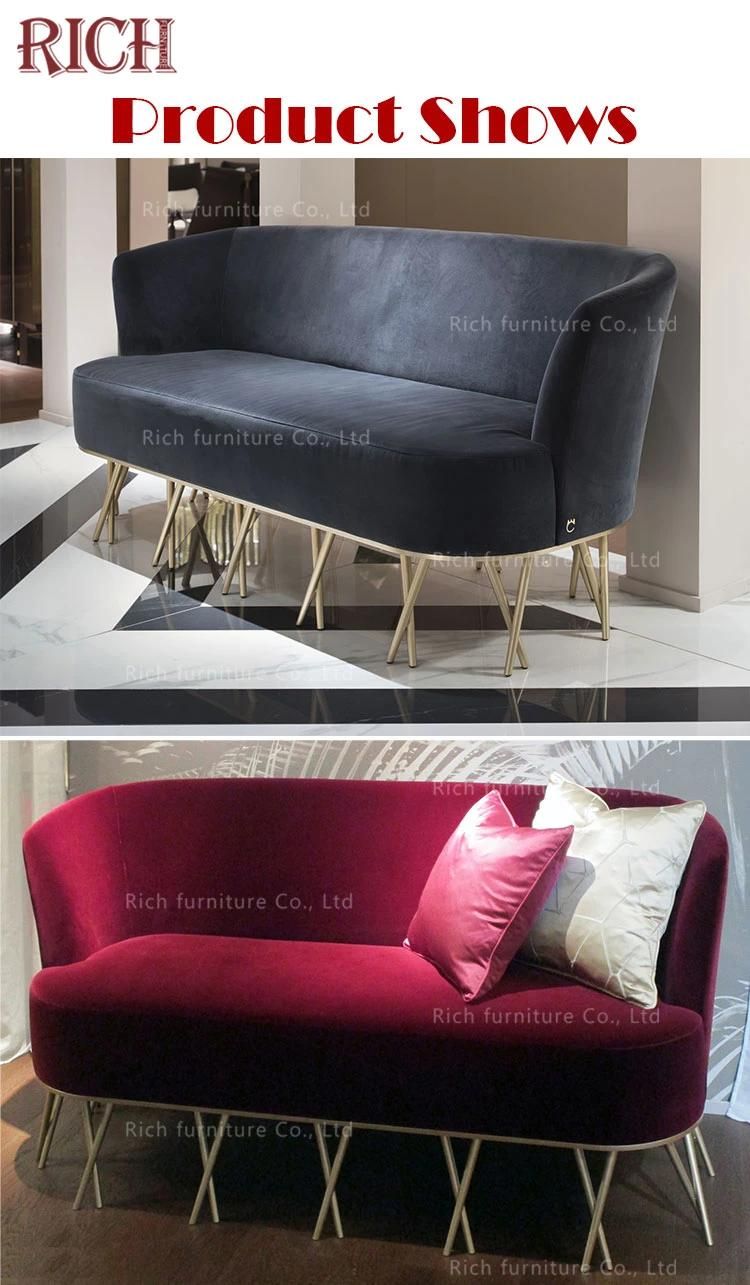 Golden Metal Crossed Legs Blue 2 Seater Couch Velvet Fabric Loveseat Sofa