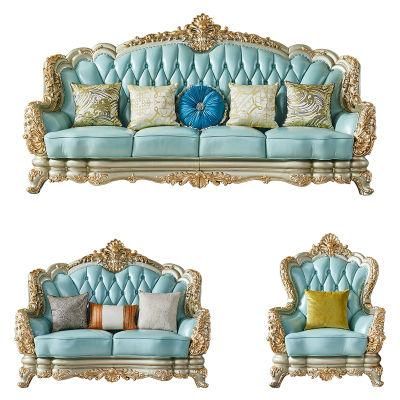 Foshan Sofa Furnitures Factory Wholesale Wood Carved Classic Luxury Leather Sofa Set in Optional Couch Seat and Furniture Color