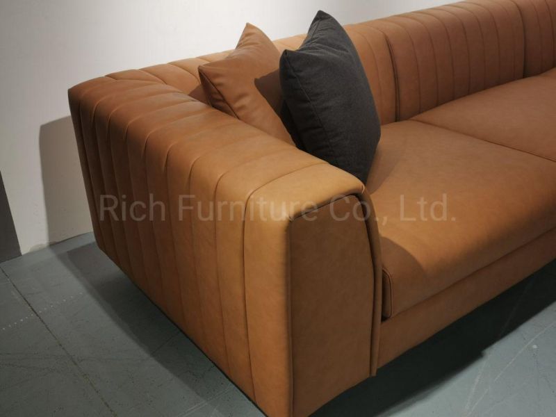 Factory Sofa Custom Nordic Style Modern PU Leather Three Seat Tufed Large Armrest Sofa