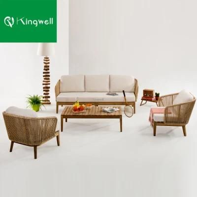 Teak Wood Garden Wicker Furniture Outdoor Sofa Set with Waterproof Cushion