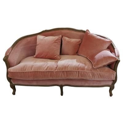 Kvj-7620vp Two Seater French Antique Pink Velvet Classic Oak Wood Sofa