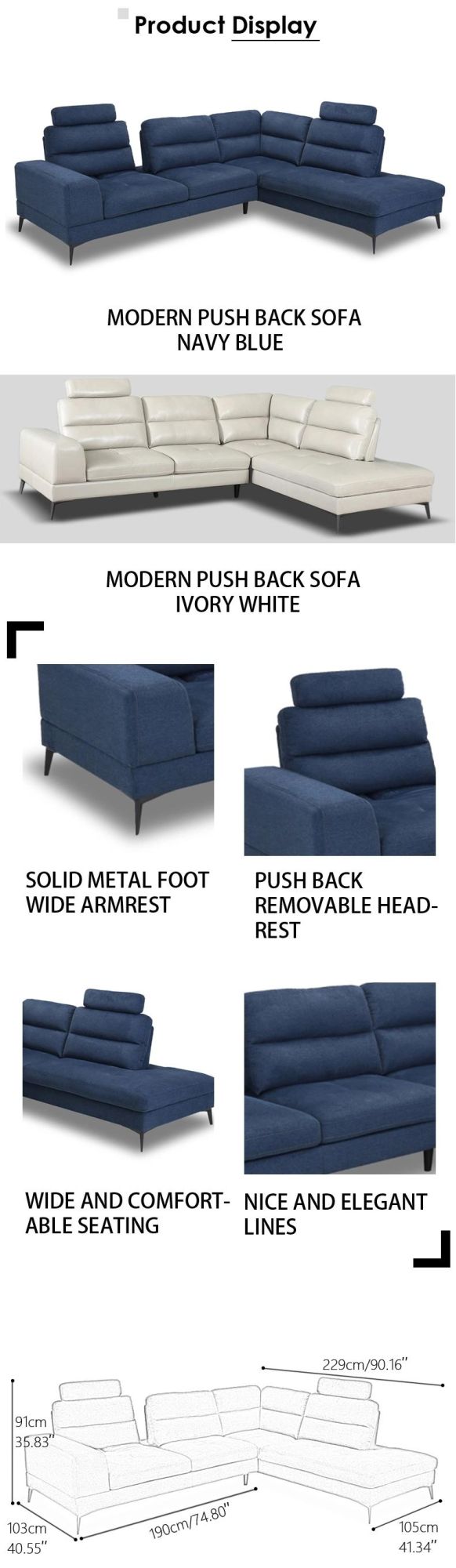 Modern Push Back Sofa with Removable Headrest Fabric Furniture 3090