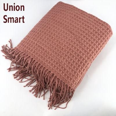 Waffle Throw Blanket Lightweight Soft Cozy Fringe Throw for Sofa