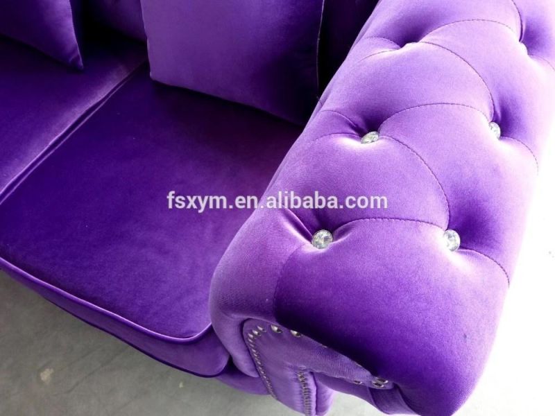 Living Room Sofa Set Velvet Fabric Upholstered Purple Chesterfield Sofa Couch Sofa