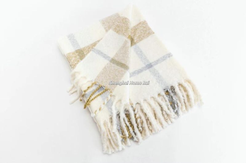 Home Outdoor Travel Bed Sofa Car Soft Warm White Multi Woven Self-Fringe Tassel Plaid Checks Waffle Throw Blanket Cover