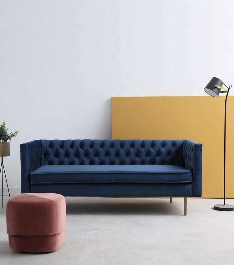 New Design Furniture Couch Navy Blue Velvet Sofa in Brass Legs for Two Seater and Three Seater Living Room Sofa