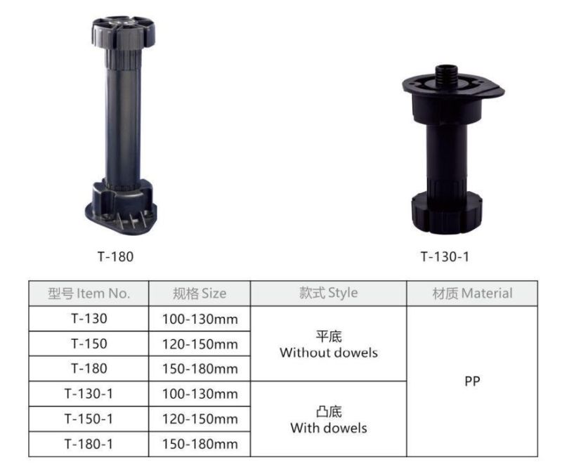 T130 PP Plastic Cabinet Legs 100-130mm with Screw on Base